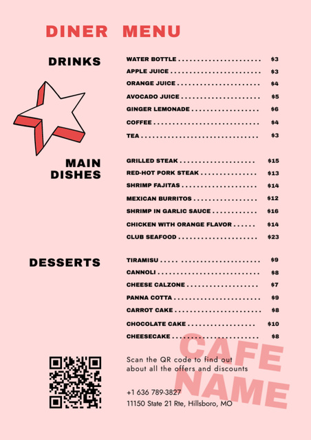 Designvorlage Retro Style Pink Plain Diner or Cafe with Star für Menu