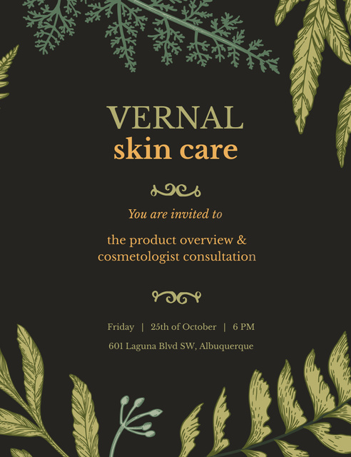 Plantilla de diseño de Skincare Seminar Alert With Green Fern Leaves Invitation 13.9x10.7cm 