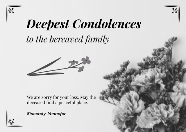 Designvorlage Deepest Condolence Messages on Death with Delicate Bouquet für Postcard 5x7in