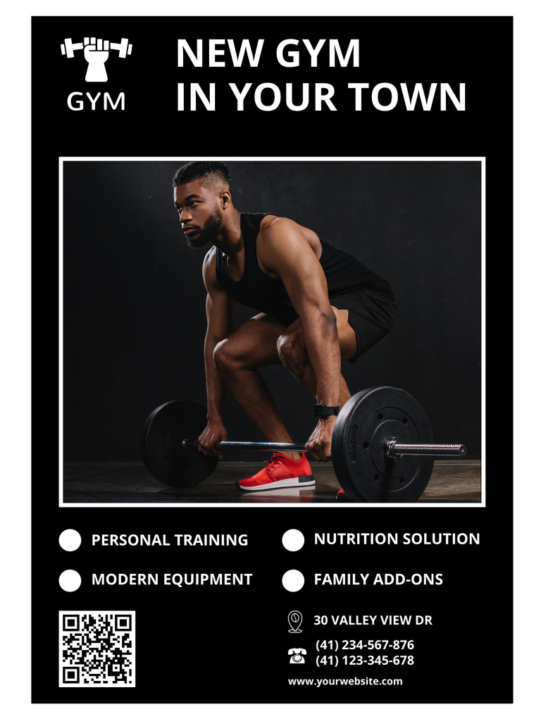 Designvorlage Gym Opening Announcement with Man Lifting Barbell für Poster US