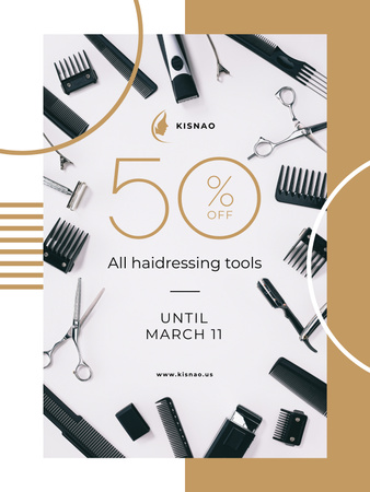 Lightweight Hairdressing Tools With Discount Offer Poster US Design Template