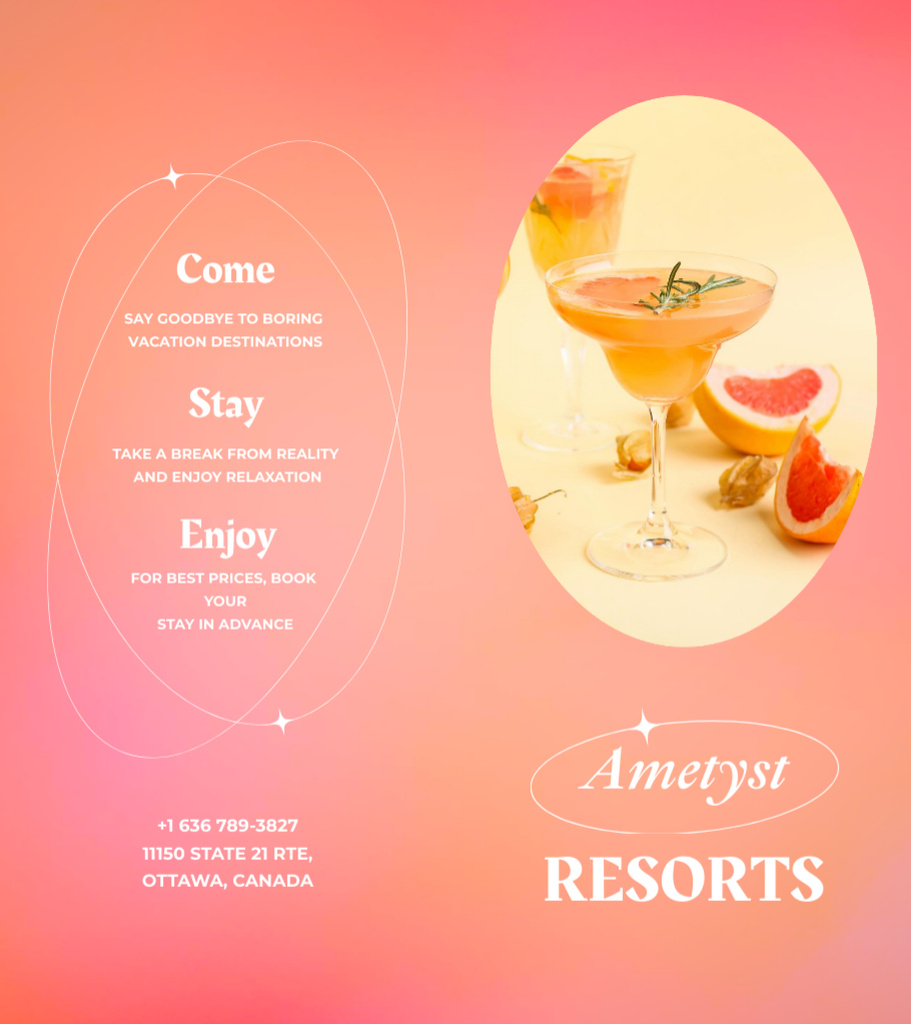 Ontwerpsjabloon van Brochure 9x8in Bi-fold van Summer Relaxing Resorts Promotion With Cocktails In Gradient