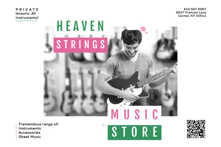 Music Store Special Offer with Man playing Guitar Poster 24x36in Horizontal Design Template