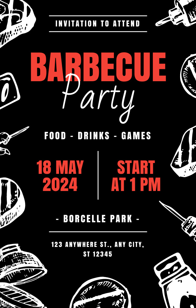Designvorlage Barbecue Party Ad on Black für Invitation 4.6x7.2in
