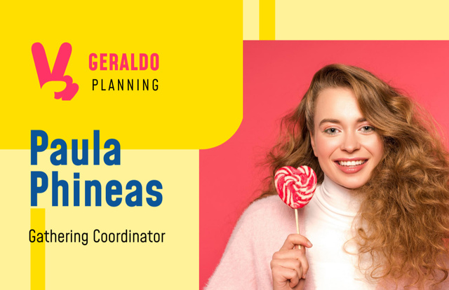 Gathering Coordinator Contacts Girl with Lollipop Business Card 85x55mm Modelo de Design