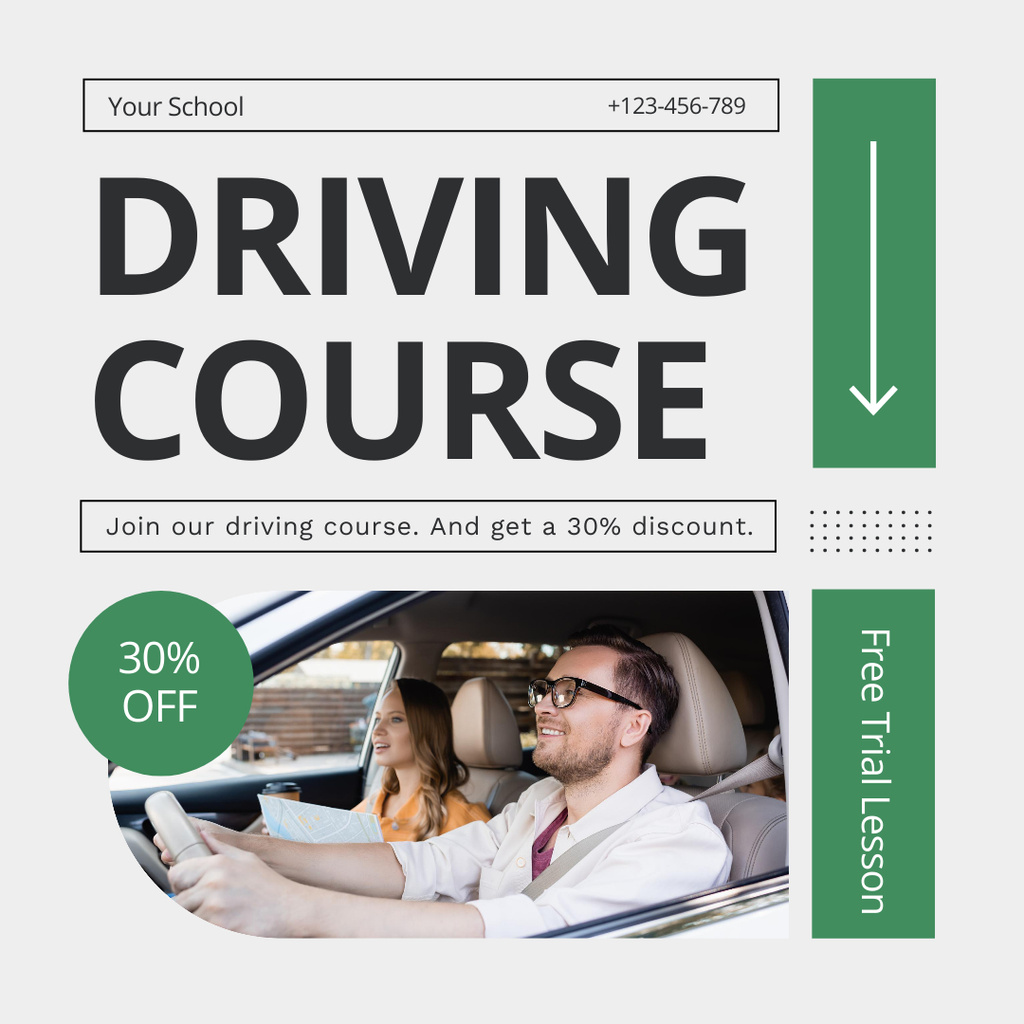 Certified Driving Course With Free Trial Lesson And Discount Instagram Design Template