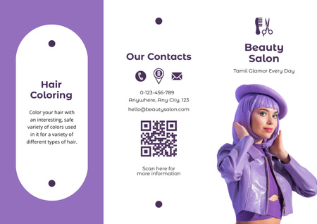 Ontwerpsjabloon van Brochure van Haarkleuringsdiensten met vrouw in paarse outfit
