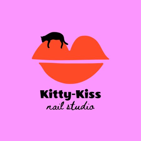 Nail Studio Ad with Funny Cat on Female Lips Logo Design Template