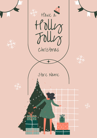 Christmas Greeting With Gifts And Woman Decorating Tree Postcard A5 Vertical Design Template