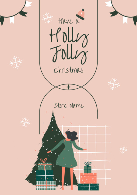 Designvorlage Christmas Greeting With Illustration of Woman Decorating Tree für Postcard A5 Vertical