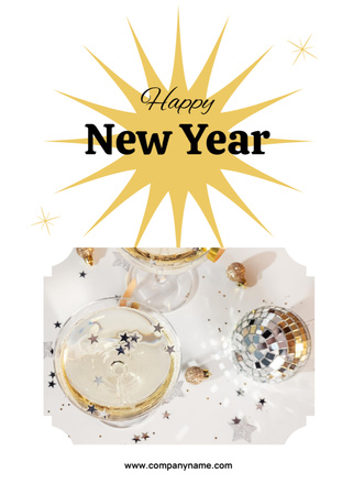 New Year Holiday Greeting with Champagne in Wineglasses Postcard 5x7in Vertical Design Template