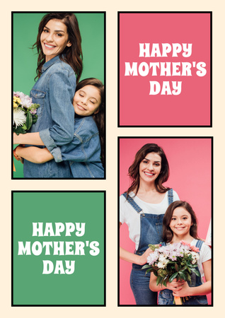 Mother's Day Celebration with Mom and Daughter with Bouquet Poster Design Template