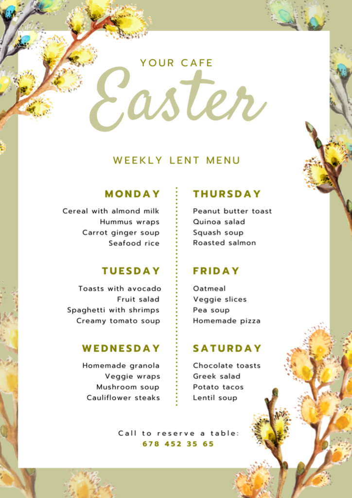 Offer of Easter Meals with Pussy Willow Twigs Menu tervezősablon
