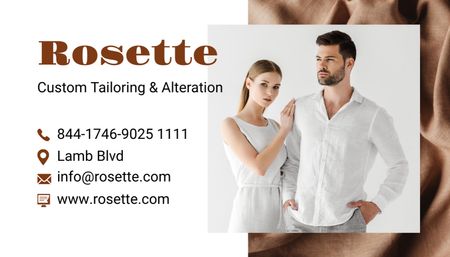 Custom Tailoring Services Ad with Couple in White Clothes Business Card US Design Template