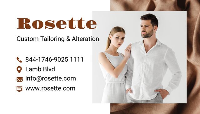 Template di design Custom Tailoring Services Ad with Couple in White Clothes Business Card US