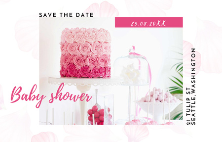 Designvorlage Festliche Babyparty-Ankündigung mit rosa Kuchen für Invitation 4.6x7.2in Horizontal