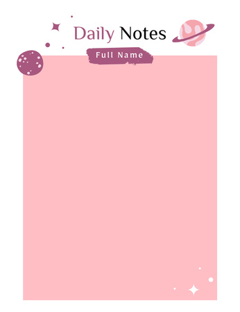 Päivittäiset muistiinpanot vaaleanpunaisilla sarjakuvaplaneetoilla Notepad 107x139mm Design Template