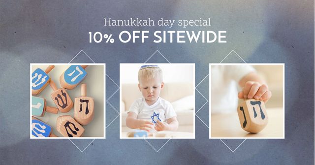 Plantilla de diseño de Hanukkah Offer with Kid playing Jewish Toys Facebook AD 