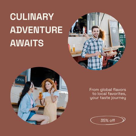 Designvorlage Kulinarische Abenteuerwerbung mit Leuten, die Street Food essen für Instagram AD