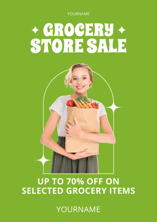 Platilla de diseño Grocery Store Ad with Smiling Woman with Food in Paper Bag Poster