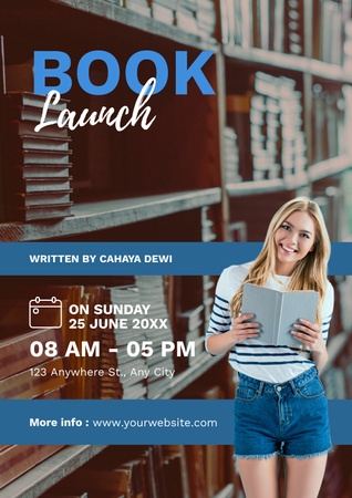 Book Launch Announcement with Woman in Library Poster Design Template