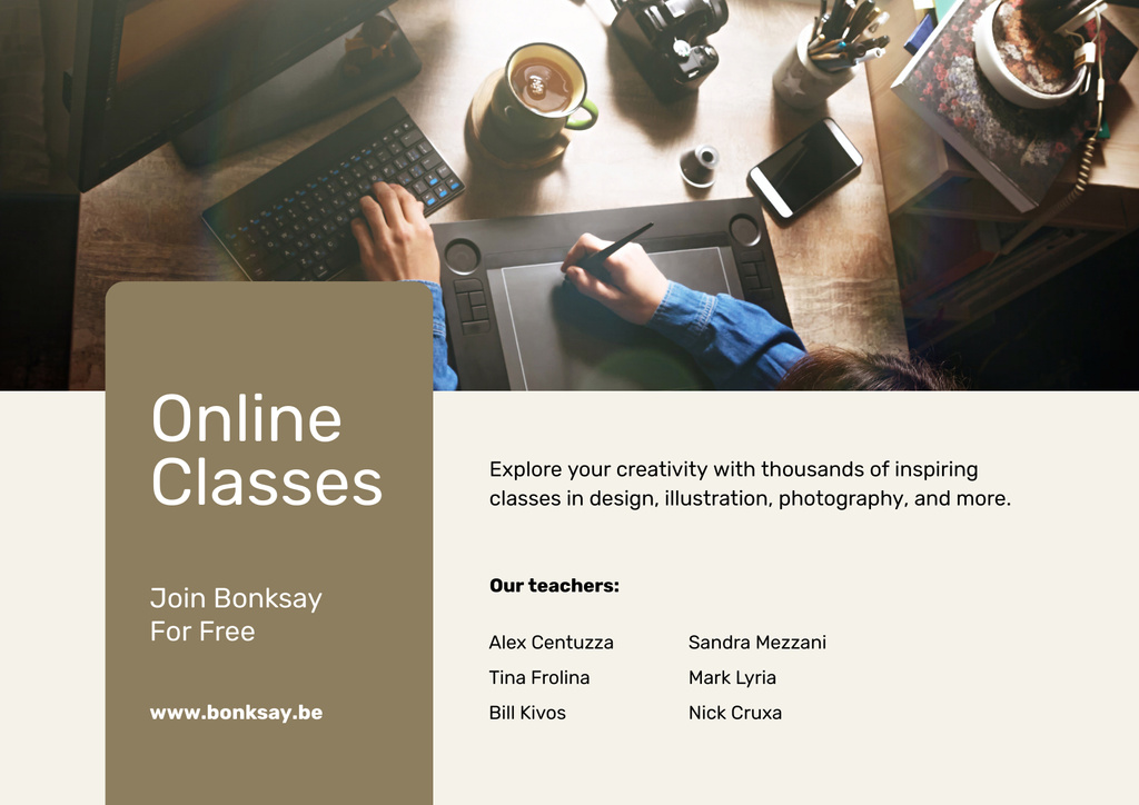 Online Art Courses Offer with Laptop and Drawings Poster A2 Horizontal Design Template
