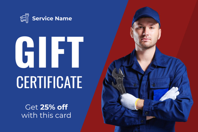 Ontwerpsjabloon van Gift Certificate van Car Service Ad with Repairman holding Tools
