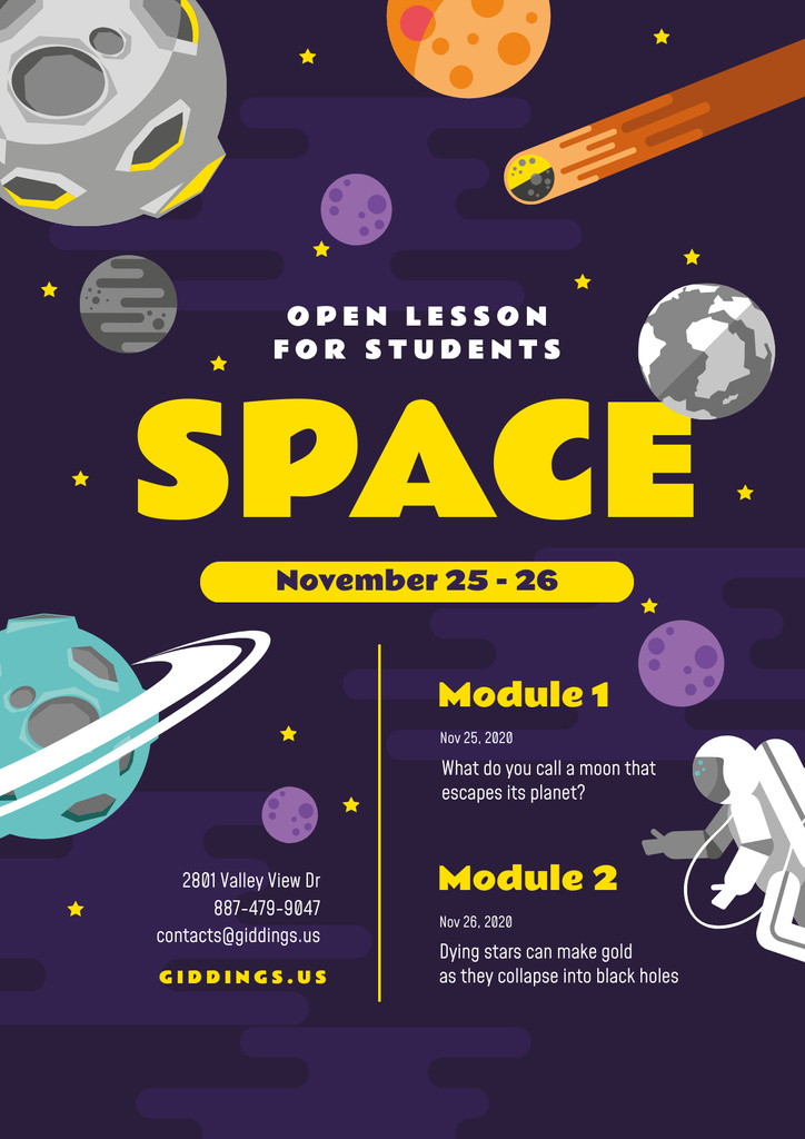 Space Lesson Announcement with Astronaut among Planets in Purple Poster Modelo de Design
