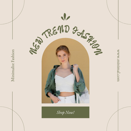 Template di design abbigliamento alla moda annuncio con giovane ragazza in camicia verde Instagram