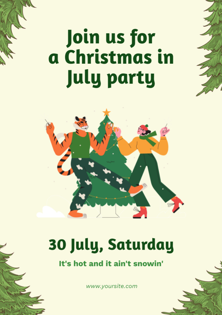 Ontwerpsjabloon van Flyer A5 van Invitation to July Christmas Party with Dancing People