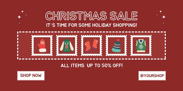 Christmas Fashion Sale Announcement on Red Twitter Design Template