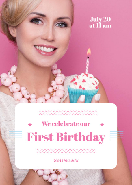 Modèle de visuel First Birthday With Smiling Woman holding Cupcake In Pink - Postcard 5x7in Vertical