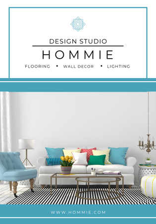 Anúncio de estúdio de design com sofá e almofadas coloridas brilhantes Poster 28x40in Modelo de Design