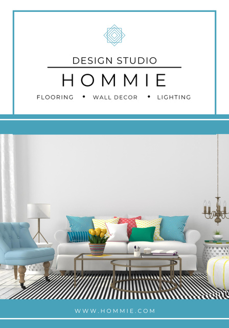 Design Studio Ad with Sofa and Bright Colorful Pillows Poster 28x40inデザインテンプレート