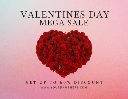 Designvorlage Valentine's Day Mega Sale with Gorgeous Rose Bouquet für Thank You Card 5.5x4in Horizontal