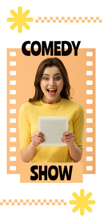 Modèle de visuel Publicité pour un spectacle comique avec une jeune femme souriante - Snapchat Moment Filter