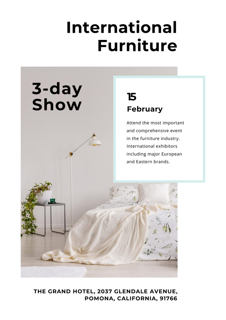 Announcement of International Furniture Show With Beige Interior Poster B2 – шаблон для дизайна