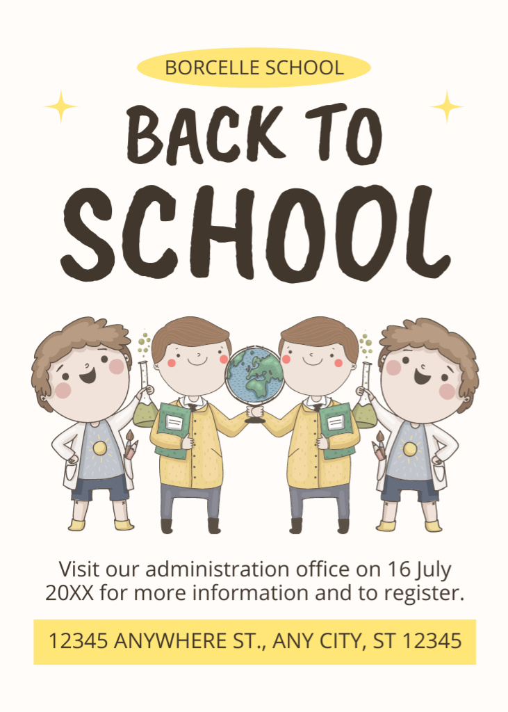 School Enrollment Announcement with Cute Cartoon Kids Flayerデザインテンプレート