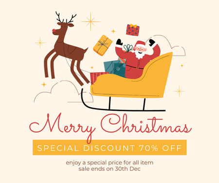 Christmas Discount Santa in Sleigh Throwing Presents Facebook Design Template