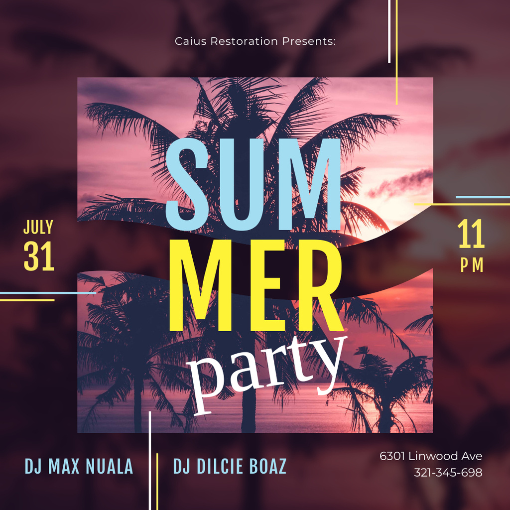 Summer Party Invitation Palms at Sunset Instagram Modelo de Design