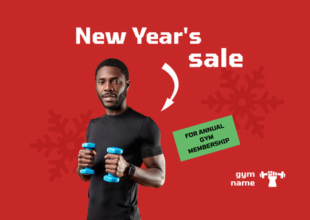 New Year Offer with Man Holding Dumbbells Flyer A6 Horizontal Design Template