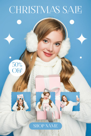 Christmas discount with Young Woman in Winter Cloth Pinterest Design Template