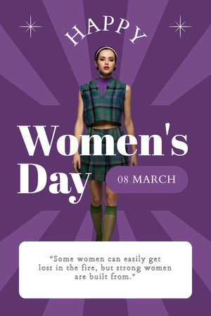 Plantilla de diseño de Saludo del día internacional de la mujer con mujer joven con estilo Pinterest 