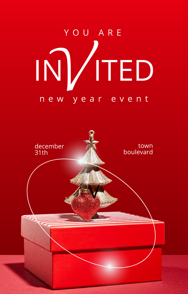New Year Celebration with Gold Tree Decoration and Present Invitation 4.6x7.2in tervezősablon