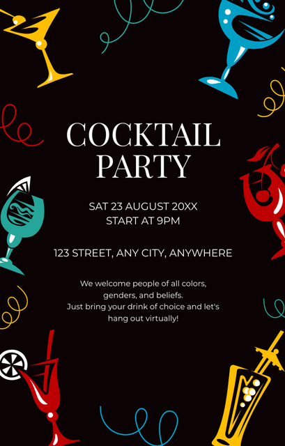 Cocktail Party Ad with Colorful Drinks on Black Invitation 4.6x7.2in Design Template