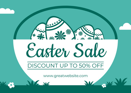 Easter Discount Offer with Painted Eggs in Basket on Blue Card Design Template