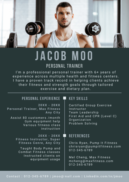 Plantilla de diseño de Personal Fitness Trainer Skills Resume 