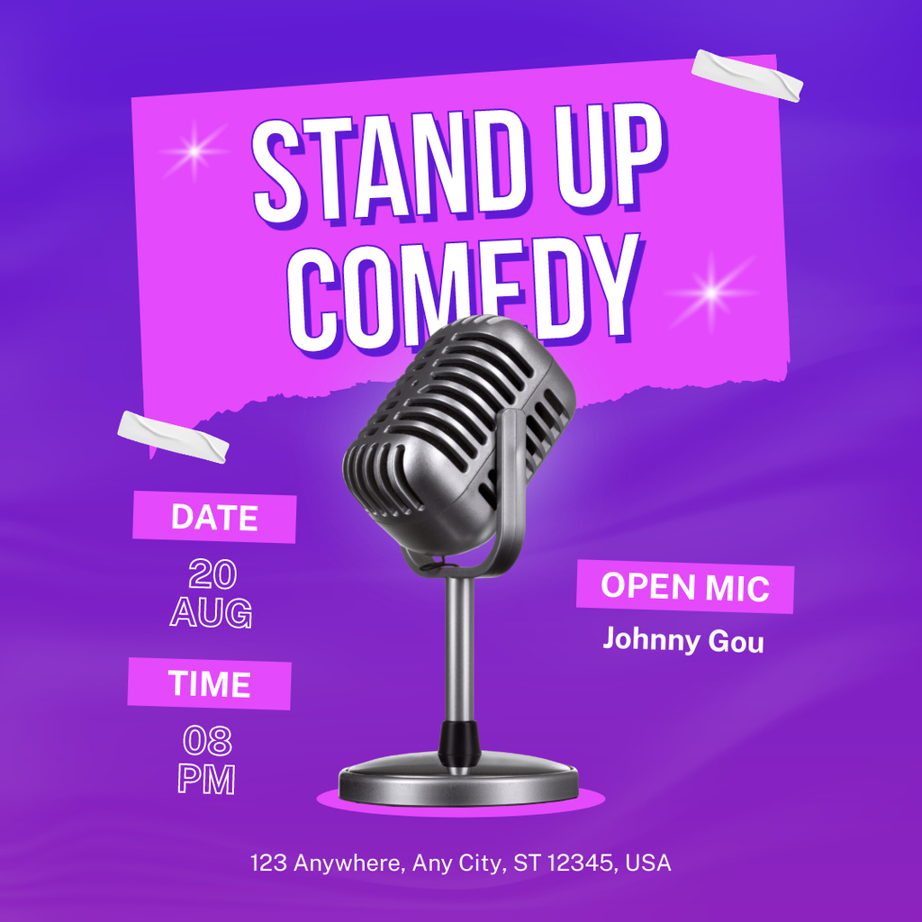 Invitation to Standup Show with Retro Microphone on Lilac Instagram tervezősablon