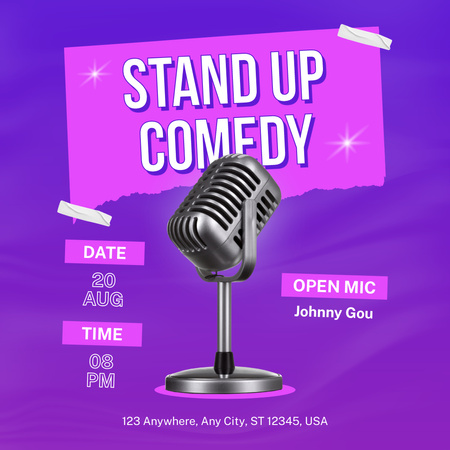 Invitation to Standup Show with Retro Microphone on Lilac Instagram Design Template