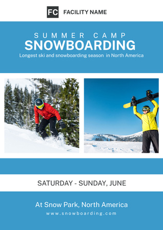 Summer Snowboarding Camp with Tourists in Mountains Poster Design Template
